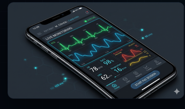 CardioVAI companion app on a phone showing live monitoring: ECG and PPG waveforms, heart rate, SpO₂, respiration and blood pressure